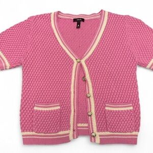 Aqua Textured Pink Cardigan with Cream Trim